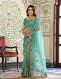 Aqua Green Fendy Satin Embroidered Saree with Paisley Motifs & Zari Border | Designer Festive Saree with Tassels & Heavy Embroidered Blouse