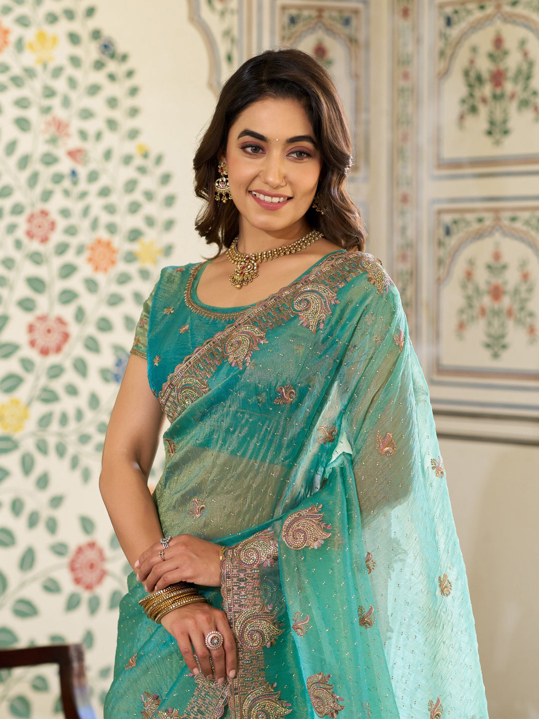 Aqua Green Fendy Satin Embroidered Saree with Paisley Motifs & Zari Border | Designer Festive Saree with Tassels & Heavy Embroidered Blouse
