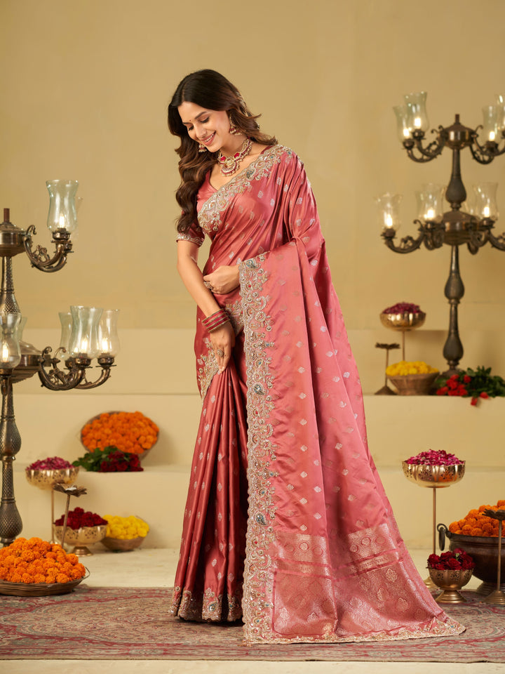 Dusty Rose Banarasi Silk Saree with Heavy Embroidered Border & Rich Zari Woven Pallu | Designer Wedding & Festive Saree