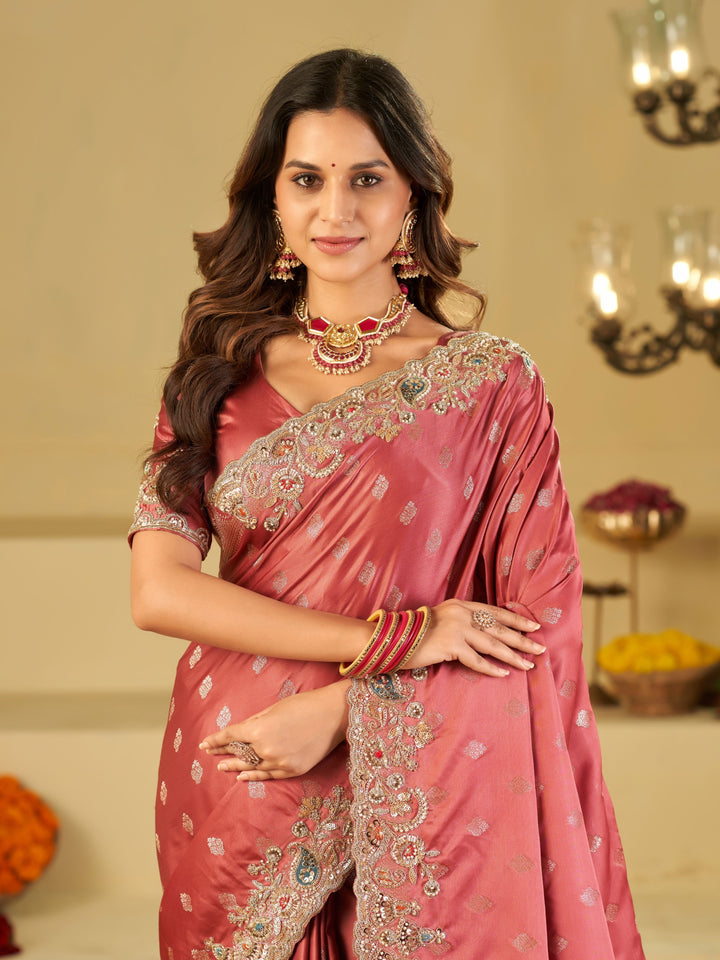 Dusty Rose Banarasi Silk Saree with Heavy Embroidered Border & Rich Zari Woven Pallu | Designer Wedding & Festive Saree