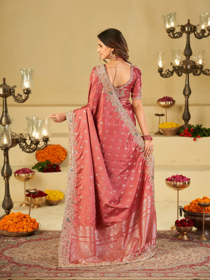 Dusty Rose Banarasi Silk Saree with Heavy Embroidered Border & Rich Zari Woven Pallu | Designer Wedding & Festive Saree