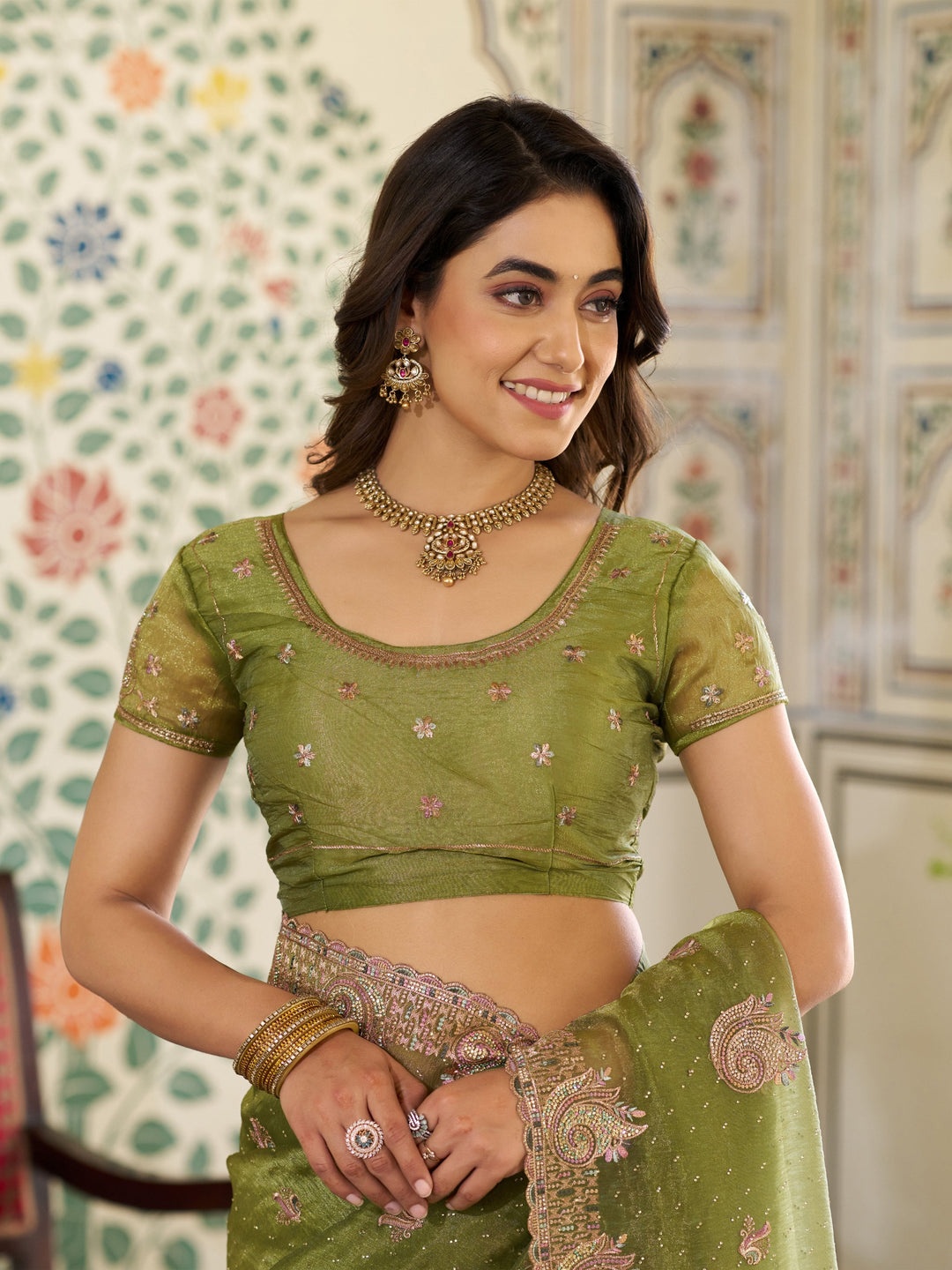 Olive Green Fendy Satin Embroidered Saree with Paisley Motifs & Zari Border | Designer Festive Saree with Tassels & Heavy Embroidered Blouse