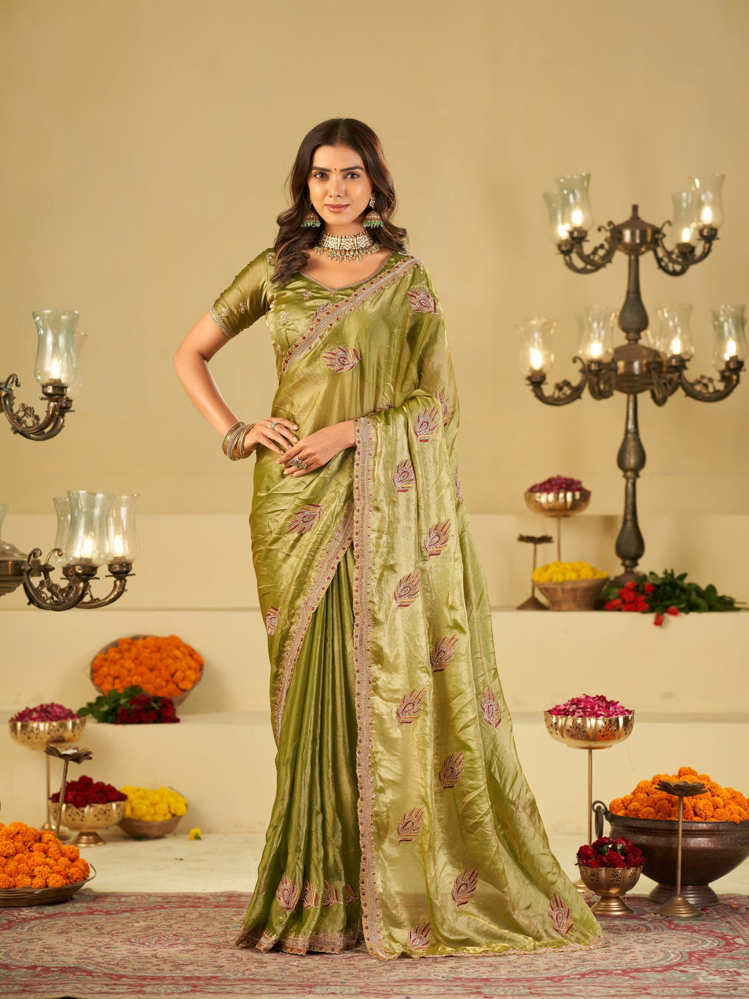 Olive Green Designer Fendy Satin Saree with Embroidered Leaf Motifs & Elegant Lace Border | Premium Festive Party Wear Saree with Matching Blouse