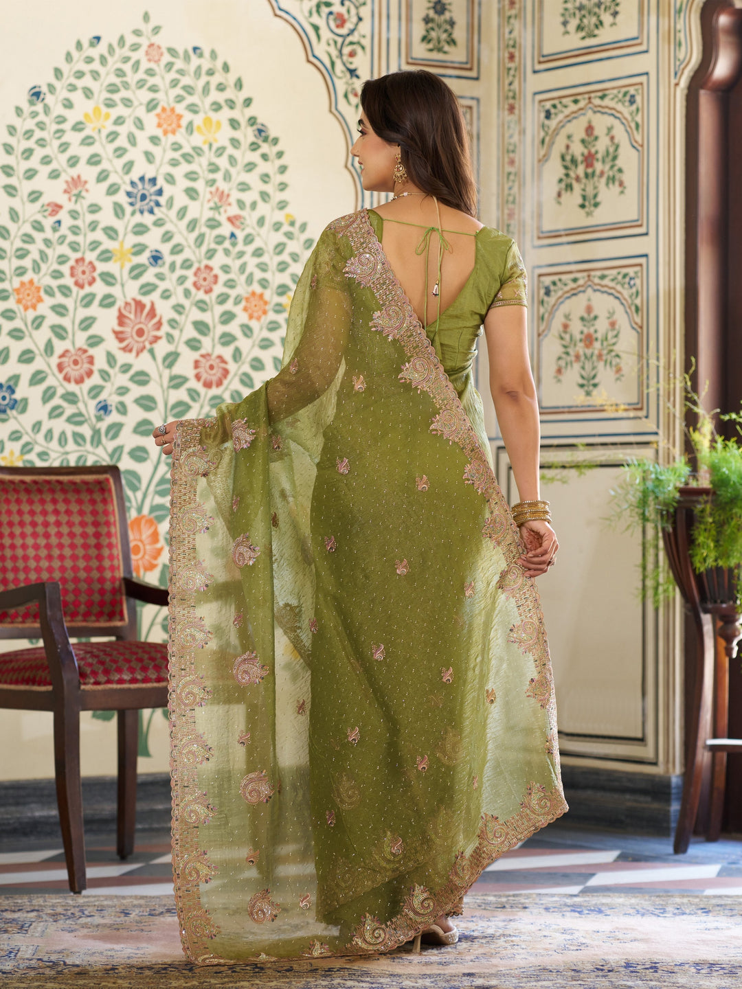 Olive Green Fendy Satin Embroidered Saree with Paisley Motifs & Zari Border | Designer Festive Saree with Tassels & Heavy Embroidered Blouse