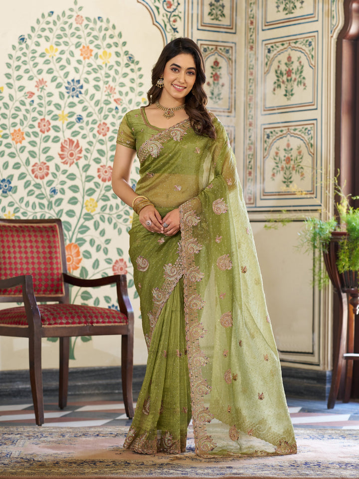 Olive Green Fendy Satin Embroidered Saree with Paisley Motifs & Zari Border | Designer Festive Saree with Tassels & Heavy Embroidered Blouse