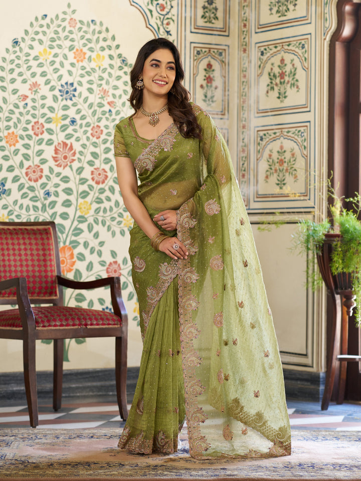 Olive Green Fendy Satin Embroidered Saree with Paisley Motifs & Zari Border | Designer Festive Saree with Tassels & Heavy Embroidered Blouse