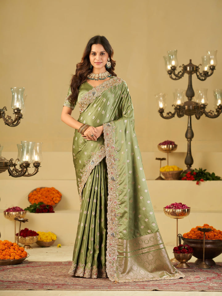 Pista Green Banarasi Silk Saree with Heavy Embroidered Border & Rich Zari Woven Pallu | Designer Festive Wedding Saree