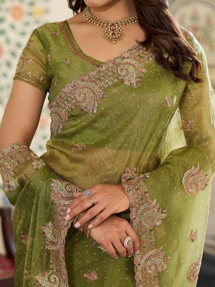 Olive Green Fendy Satin Embroidered Saree with Paisley Motifs & Zari Border | Designer Festive Saree with Tassels & Heavy Embroidered Blouse