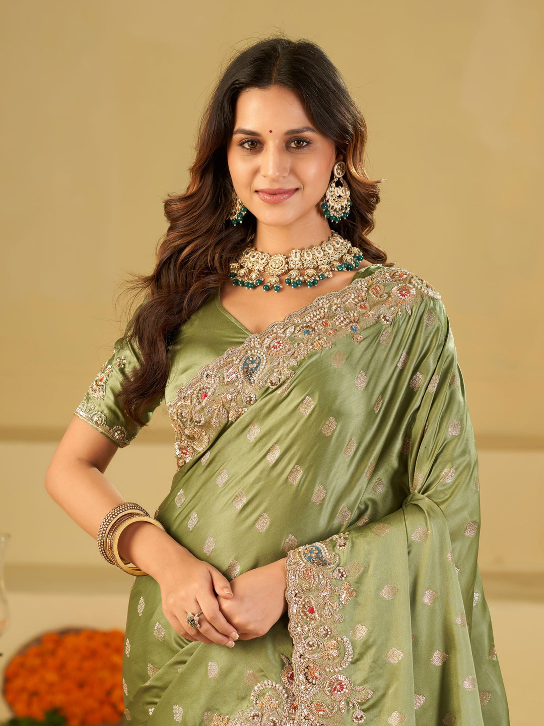 Pista Green Banarasi Silk Saree with Heavy Embroidered Border & Rich Zari Woven Pallu | Designer Festive Wedding Saree