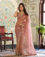 Dusty Rose Pink Fendy Satin Embroidered Saree with Paisley Motifs & Zari Border | Designer Festive Saree with Tassels & Heavy Embroidered Blouse