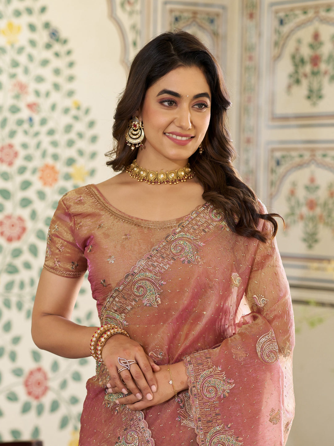 Dusty Rose Pink Fendy Satin Embroidered Saree with Paisley Motifs & Zari Border | Designer Festive Saree with Tassels & Heavy Embroidered Blouse
