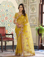 Mustard Yellow Fendy Satin Embroidered Saree with Paisley Motifs & Zari Border | Festive Designer Saree with Tassels & Heavy Embroidered Blouse