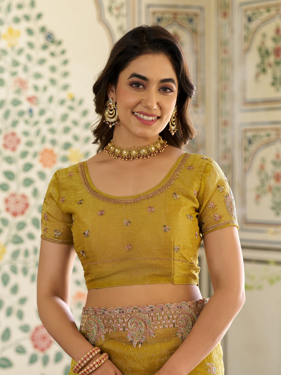Mustard Yellow Fendy Satin Embroidered Saree with Paisley Motifs & Zari Border | Festive Designer Saree with Tassels & Heavy Embroidered Blouse