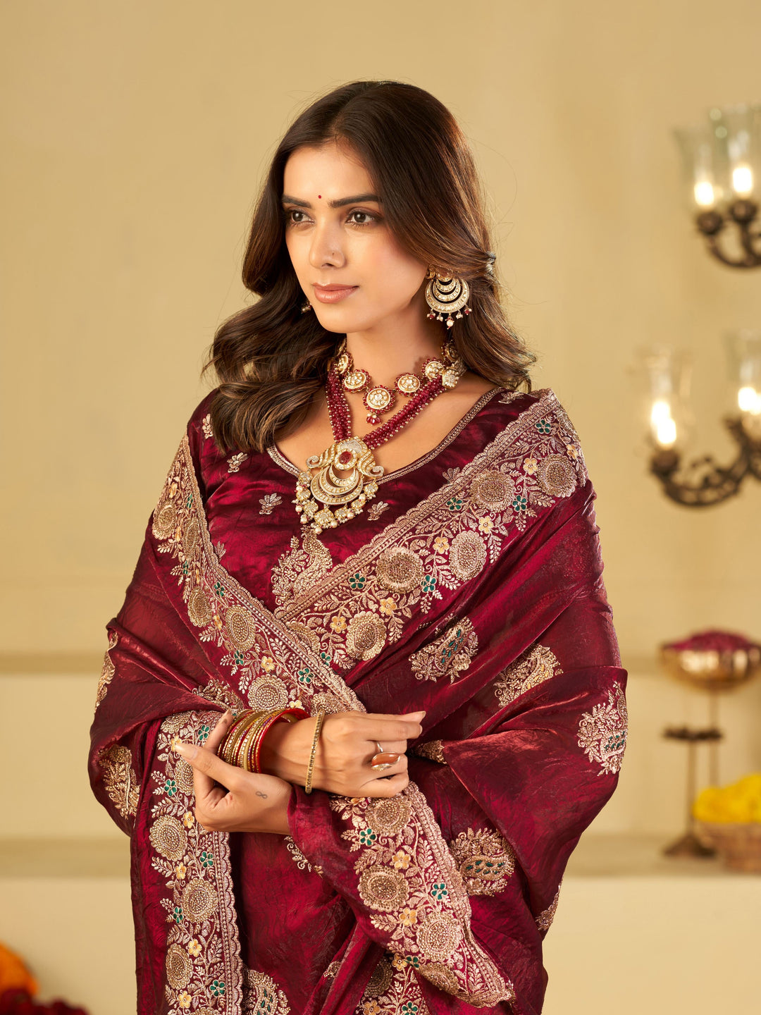 Wine Designer Fendy Satin Saree with Heavy Zari Embroidery Work | Premium Party Wear Wedding Saree with Embroidered Border & Blouse