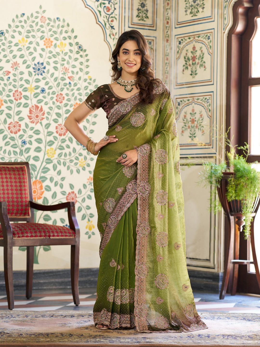 Olive Green Fendy Satin Designer Embroidered Saree with Floral & Paisley Motifs | Premium Festive Saree with Zari Border, Tassels & Heavy Embroidered Blouse