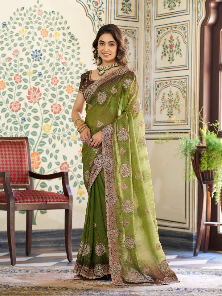 Olive Green Fendy Satin Designer Embroidered Saree with Floral & Paisley Motifs | Premium Festive Saree with Zari Border, Tassels & Heavy Embroidered Blouse