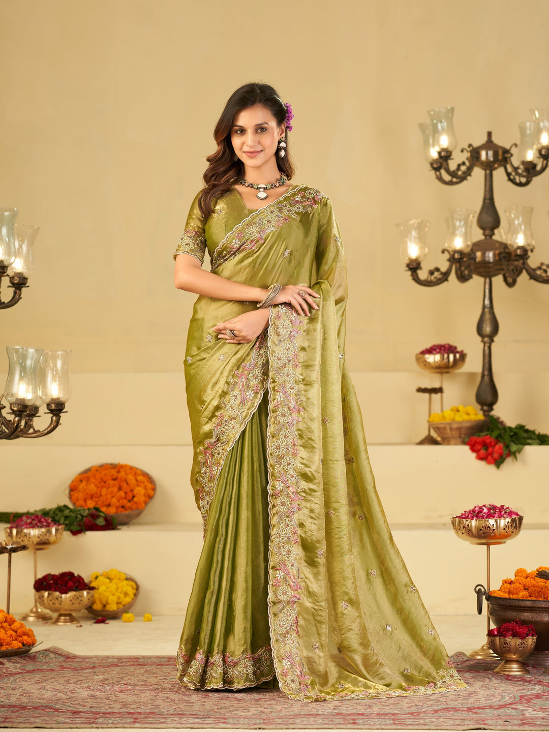 Olive Green Fendy Satin Saree with Floral Embroidery Border | Designer Embroidered Party Wear Saree with Blouse