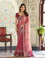 Dual Tone Wine Pink Fendy Satin Embroidered Saree with Paisley Motifs & Rich Zari Border | Designer Festive Saree with Tassels & Heavy Embroidered Blouse