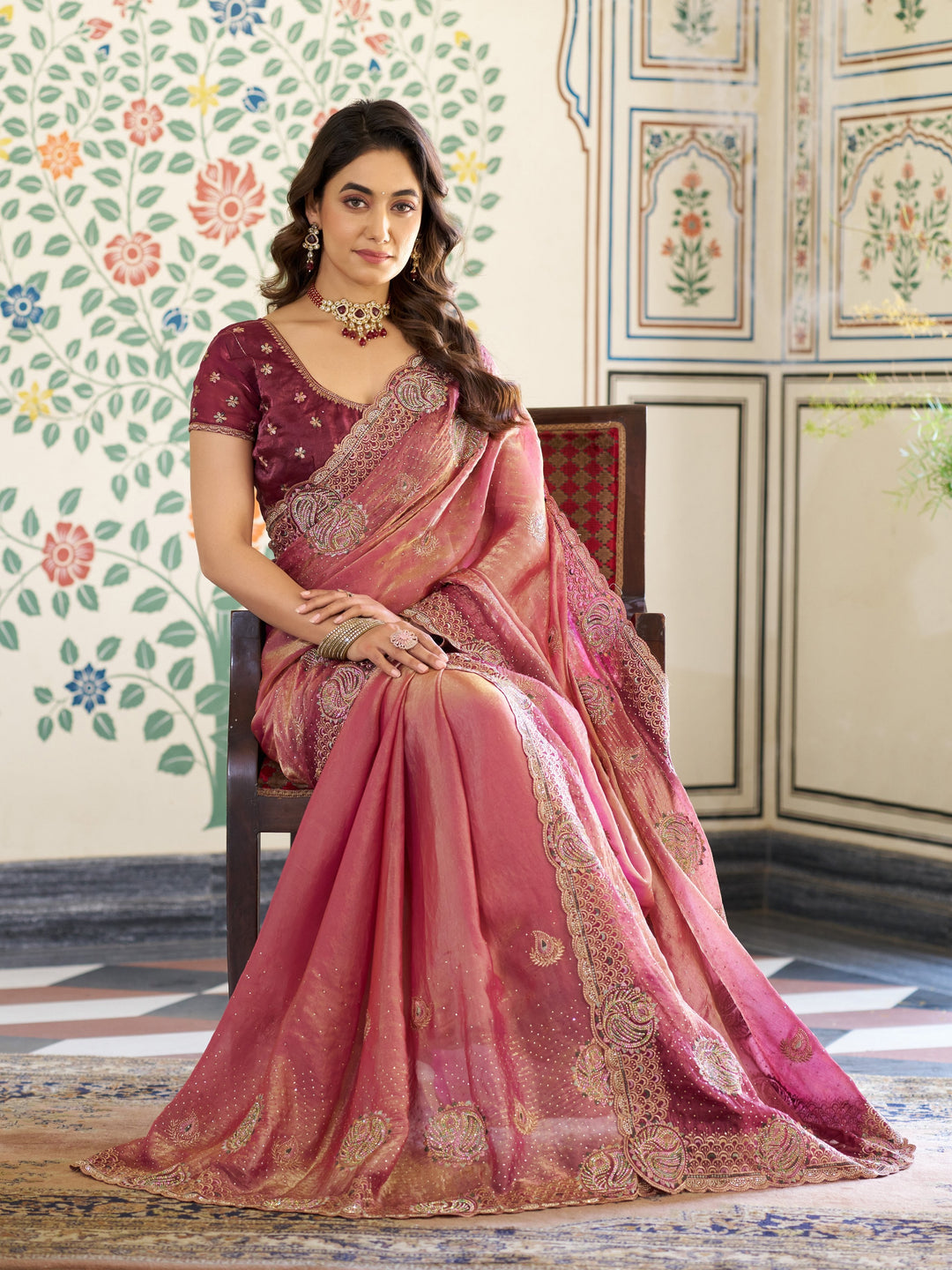 Dual Tone Wine Pink Fendy Satin Embroidered Saree with Paisley Motifs & Rich Zari Border | Designer Festive Saree with Tassels & Heavy Embroidered Blouse