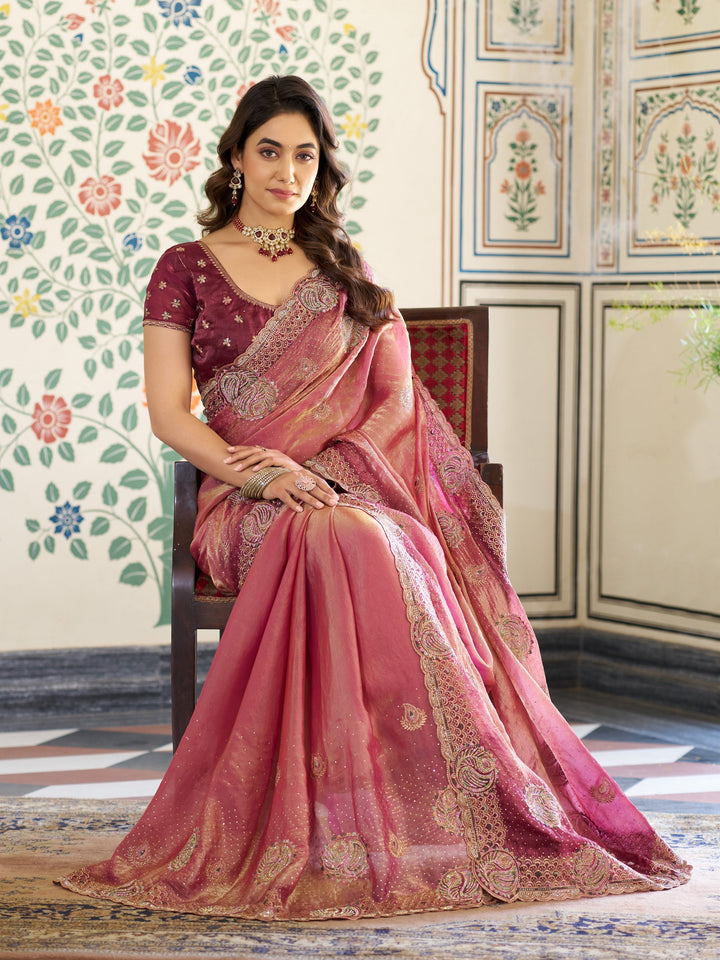 Dual Tone Wine Pink Fendy Satin Embroidered Saree with Paisley Motifs & Rich Zari Border | Designer Festive Saree with Tassels & Heavy Embroidered Blouse