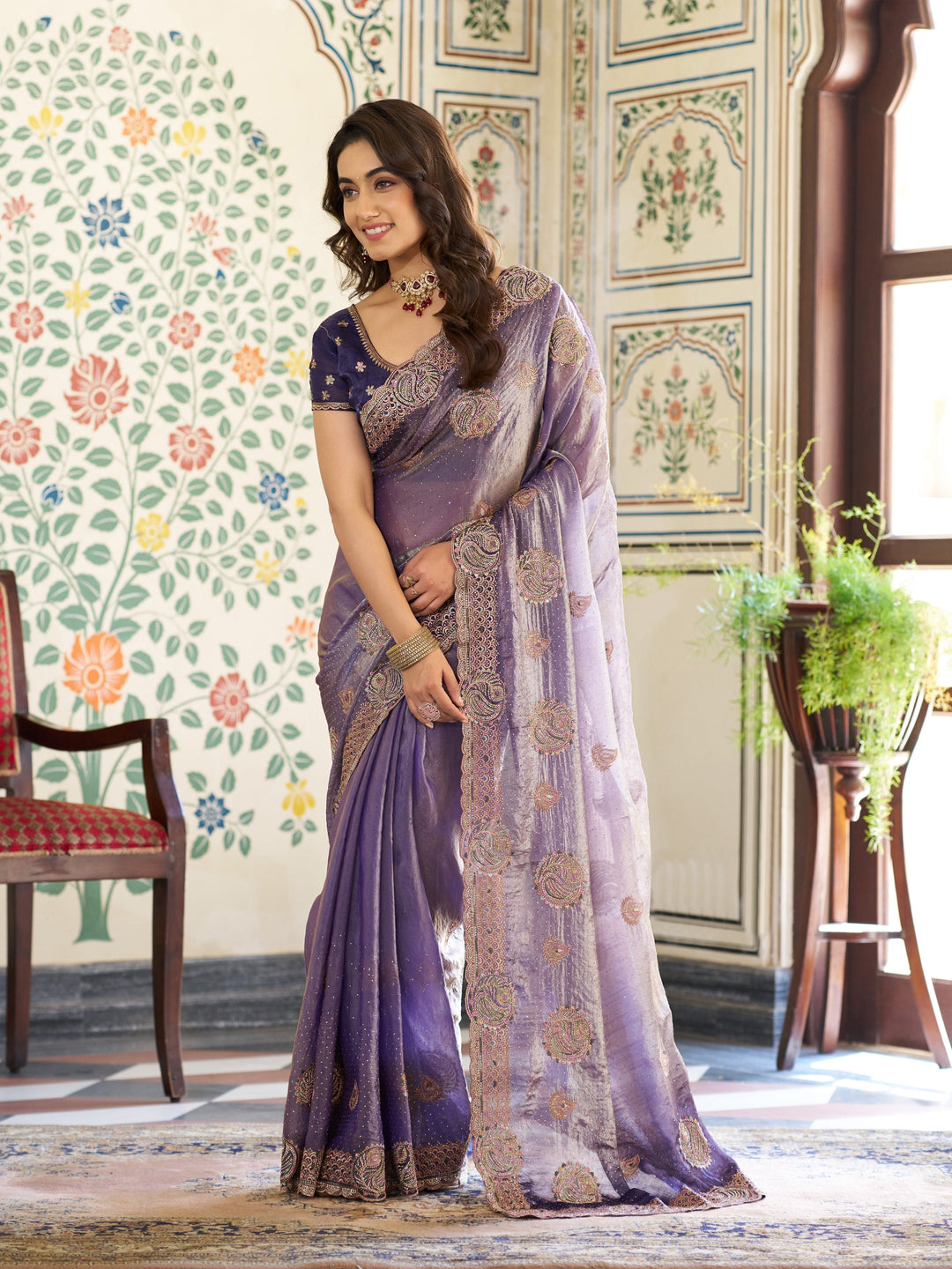 Royal Lavender Purple Fendy Satin Embroidered Saree with Paisley Motifs & Zari Border | Designer Festive Saree with Tassels & Heavy Embroidered Blouse