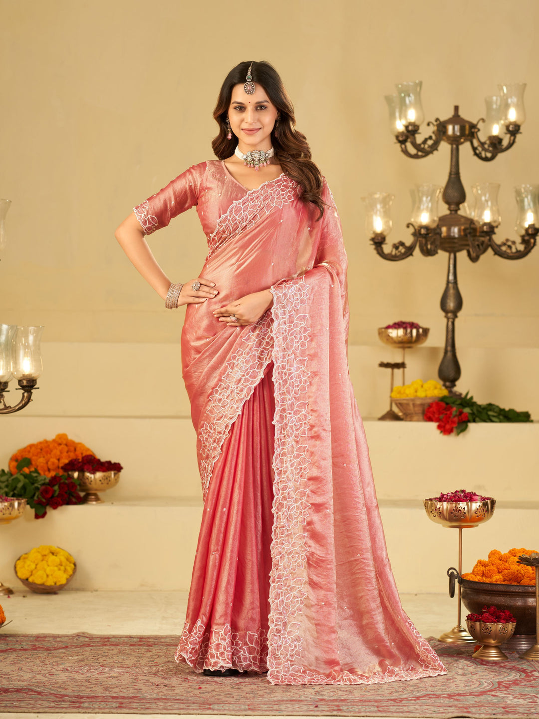 Blush Pink Fendy Satin Saree with White Floral Embroidery Border | Elegant Designer Party Wear Saree with Blouse