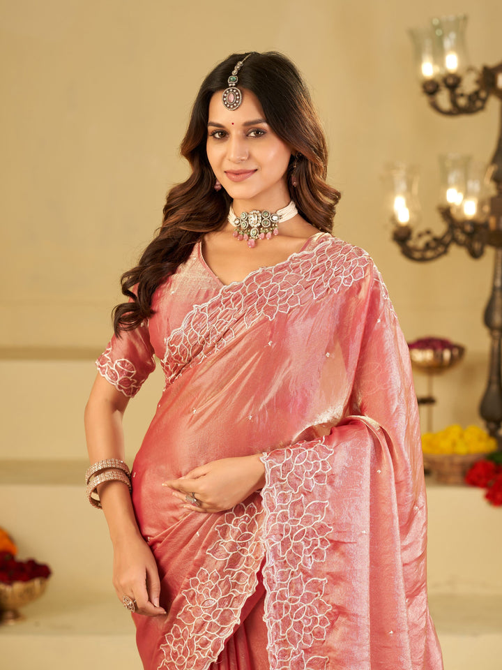 Blush Pink Fendy Satin Saree with White Floral Embroidery Border | Elegant Designer Party Wear Saree with Blouse