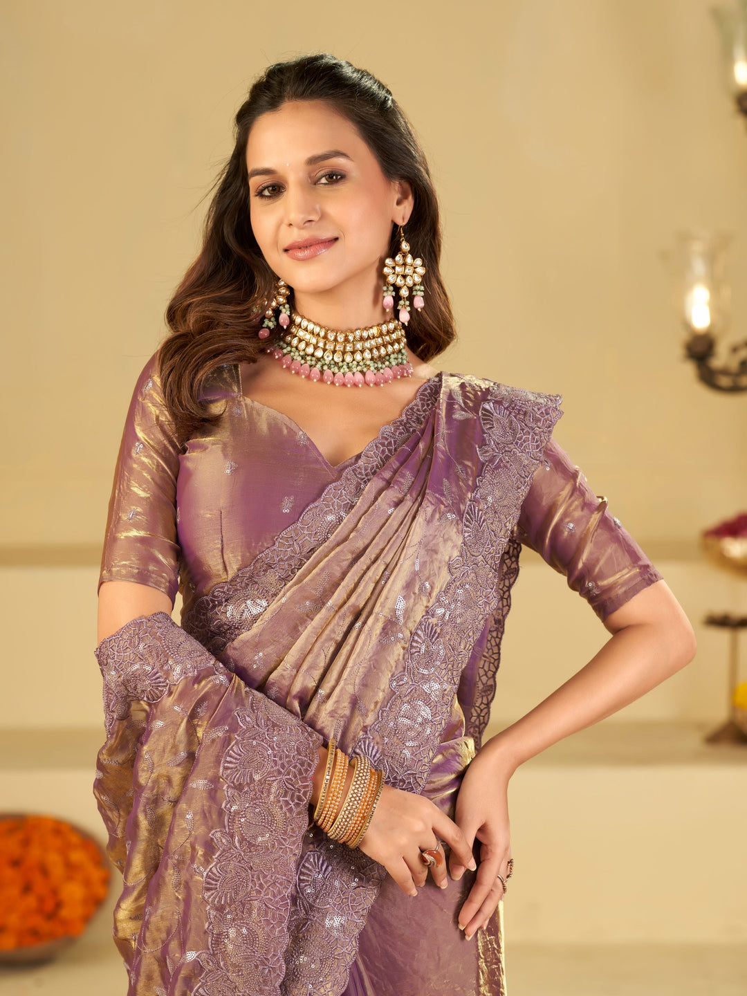 Lavender Designer Fendy Satin Saree with Heavy Embroidered Border | Premium Party Wear Embroidered Saree with Blouse