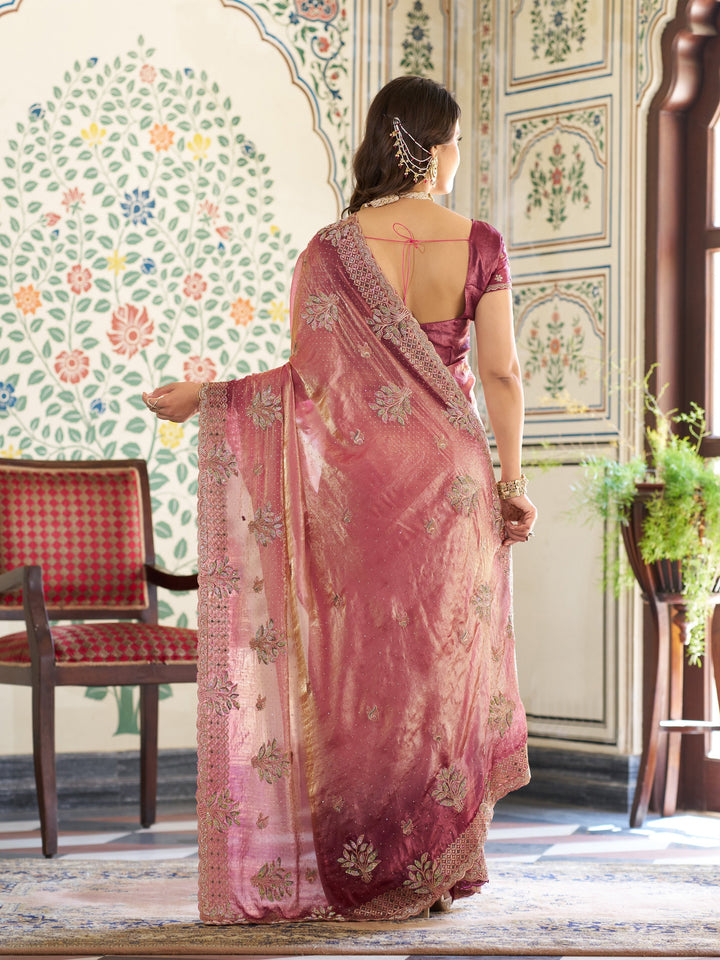 Dual Tone Rose Pink & Wine Fendy Satin Embroidered Saree with Floral Motifs & Zari Border | Designer Festive Saree with Tassels & Heavy Embroidered Blouse