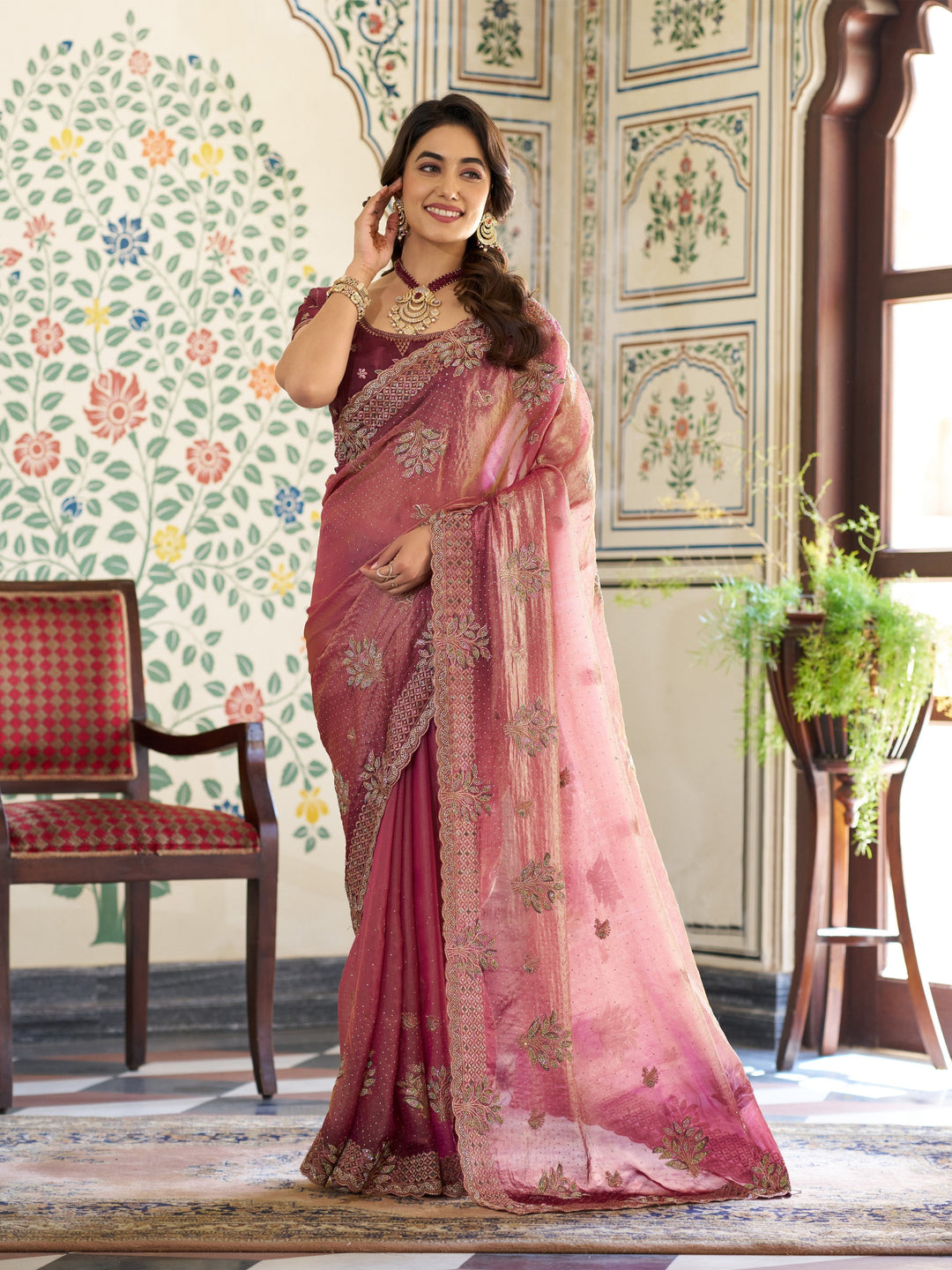 Dual Tone Rose Pink & Wine Fendy Satin Embroidered Saree with Floral Motifs & Zari Border | Designer Festive Saree with Tassels & Heavy Embroidered Blouse