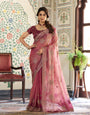 Dual Tone Rose Pink & Wine Fendy Satin Embroidered Saree with Floral Motifs & Zari Border | Designer Festive Saree with Tassels & Heavy Embroidered Blouse