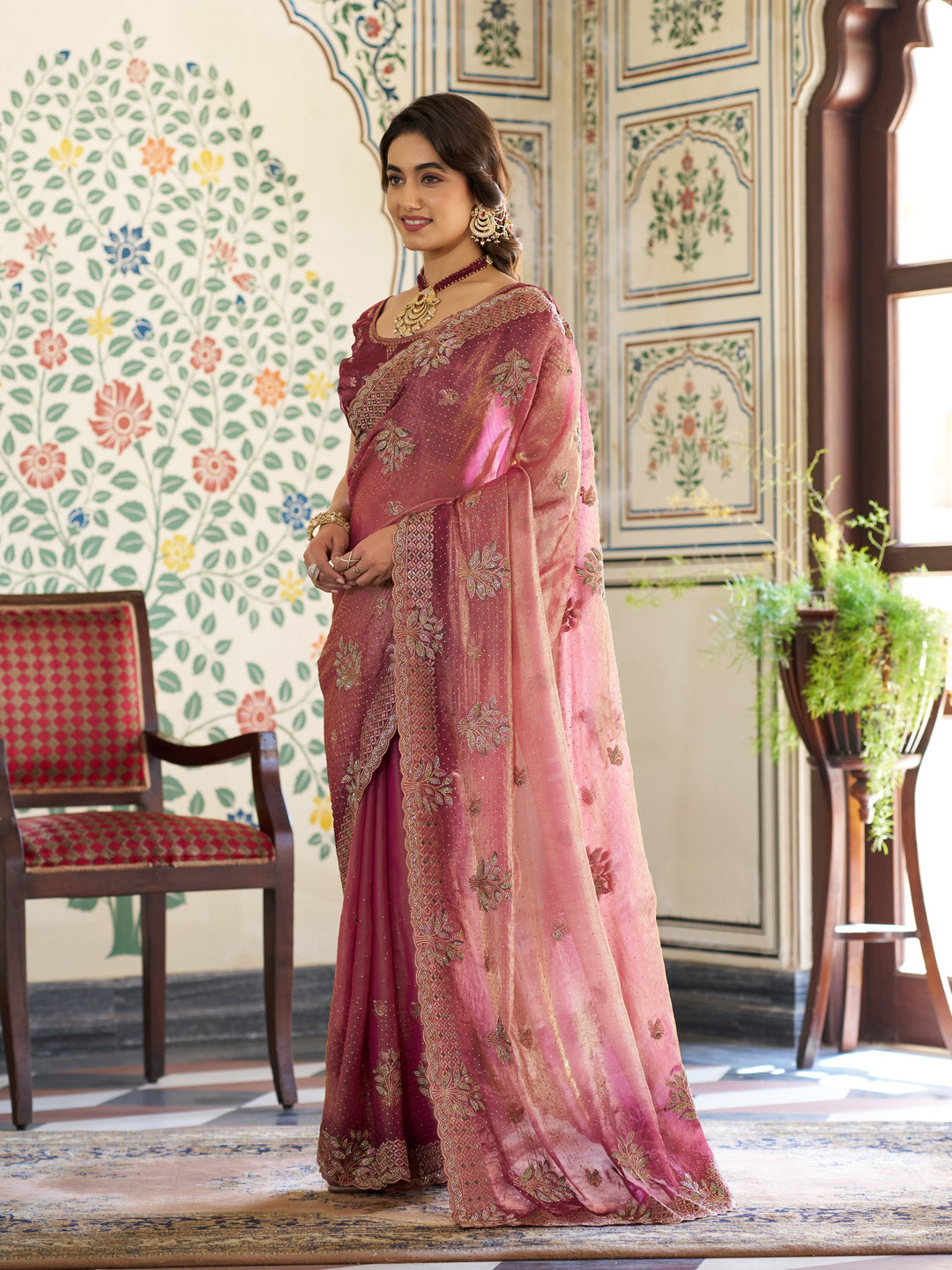 Dual Tone Rose Pink & Wine Fendy Satin Embroidered Saree with Floral Motifs & Zari Border | Designer Festive Saree with Tassels & Heavy Embroidered Blouse
