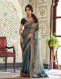 Deep Teal Green Fendy Satin Embroidered Saree with Floral Motifs & Rich Zari Border | Designer Party Wear Saree with Tassels & Heavy Embroidered Blouse