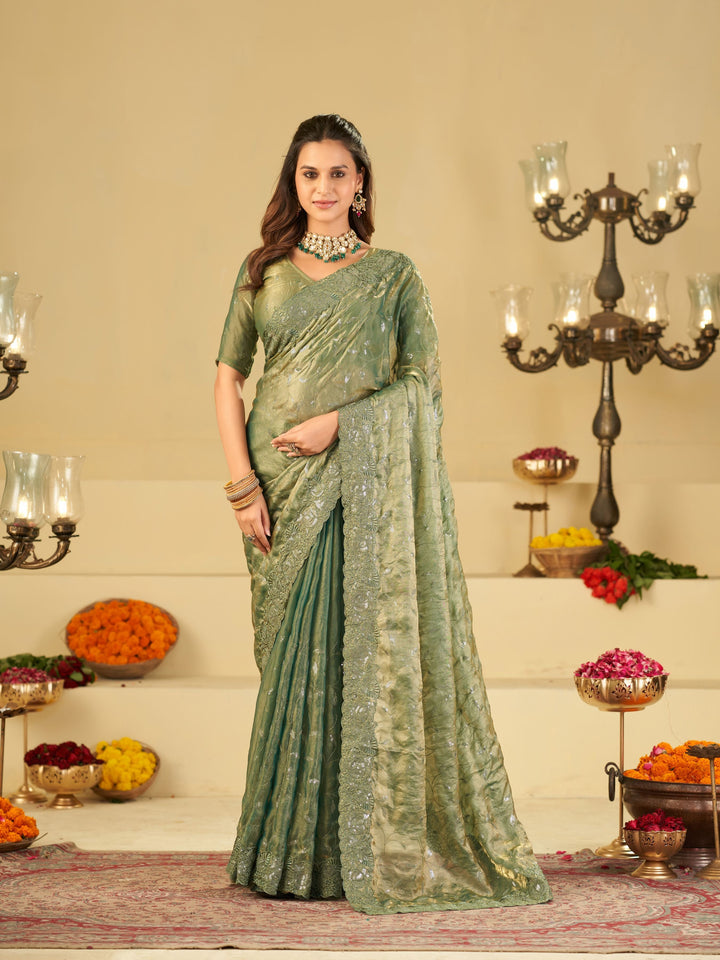 Sea Green Fendy Satin Saree with Heavy Embroidered Border | Designer Party Wear Embroidered Saree with Blouse