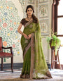 Olive Green Fendy Satin Embroidered Saree with Floral & Paisley Motifs | Designer Zari Border Saree with Tassels & Heavy Embroidered Blouse