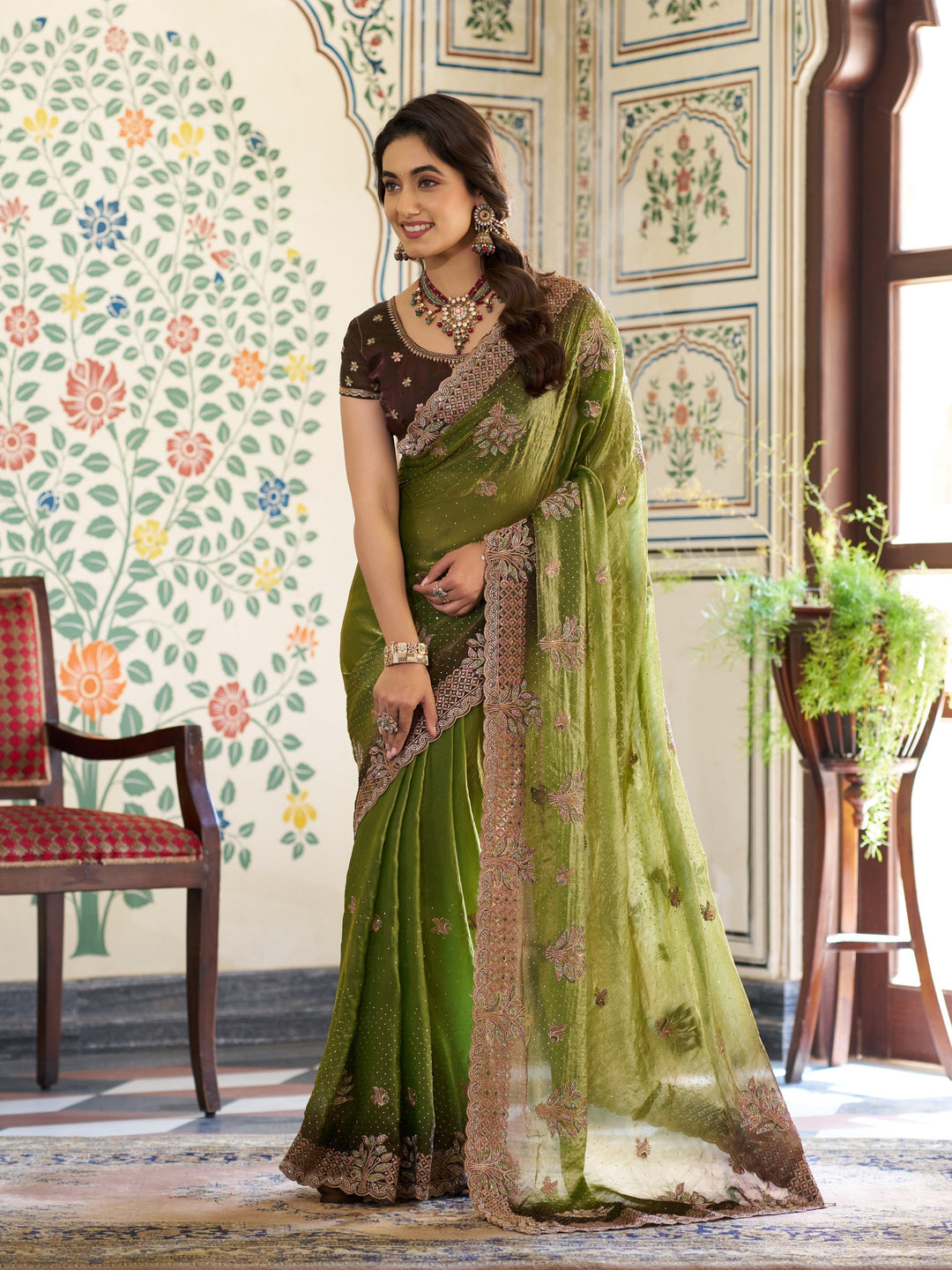 Olive Green Fendy Satin Embroidered Saree with Floral & Paisley Motifs | Designer Zari Border Saree with Tassels & Heavy Embroidered Blouse