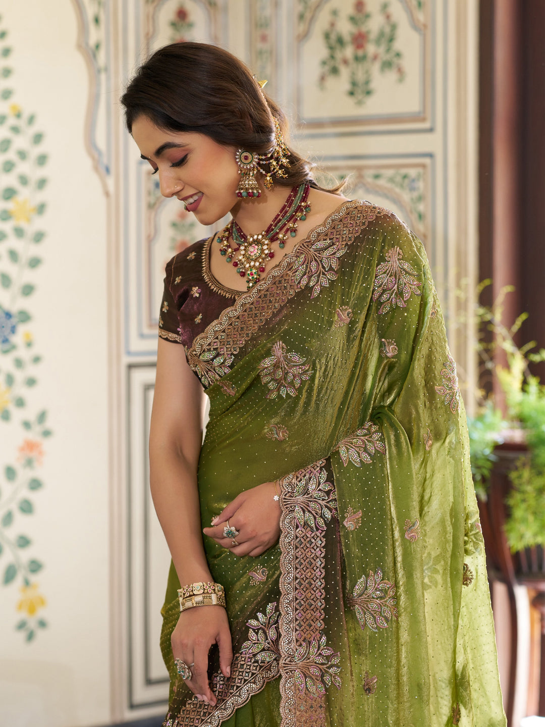 Olive Green Fendy Satin Embroidered Saree with Floral & Paisley Motifs | Designer Zari Border Saree with Tassels & Heavy Embroidered Blouse