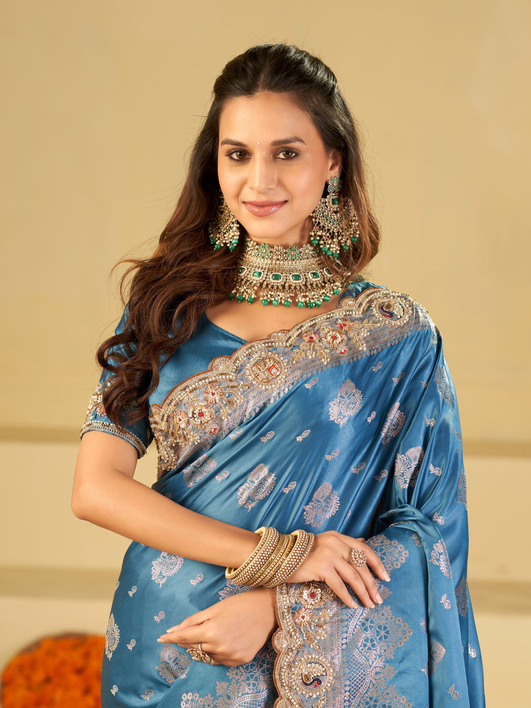 Royal Blue Banarasi Silk Saree with Heavy Embroidered Scallop Border & Rich Zari Woven Pallu | Designer Wedding Festive Saree