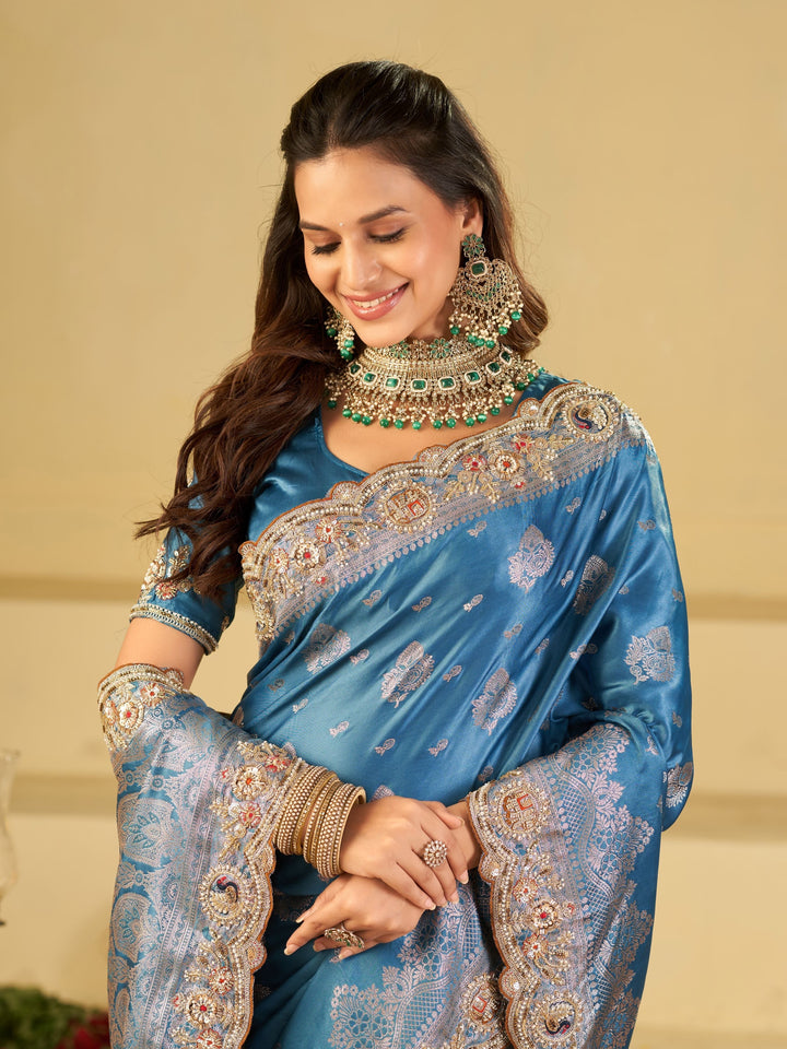 Royal Blue Banarasi Silk Saree with Heavy Embroidered Scallop Border & Rich Zari Woven Pallu | Designer Wedding Festive Saree