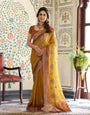 Dual Tone Mustard Yellow & Rust Fendy Satin Embroidered Saree with Floral Motifs & Zari Border | Designer Festive Saree with Tassels & Heavy Embroidered Blouse