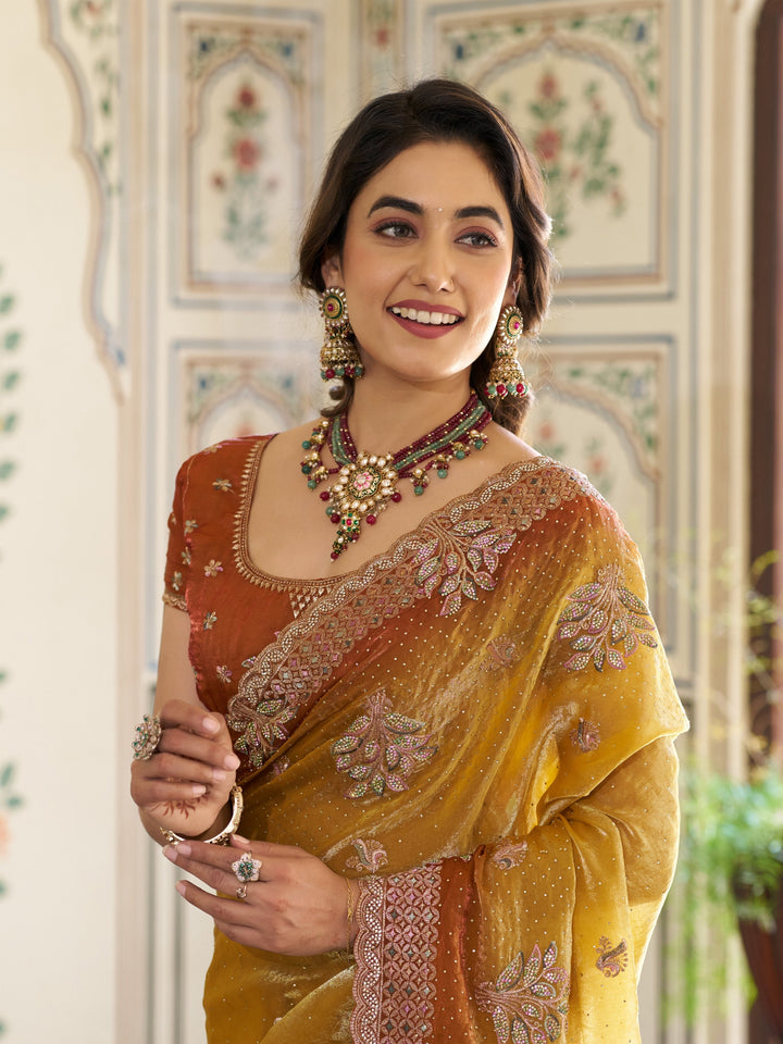 Dual Tone Mustard Yellow & Rust Fendy Satin Embroidered Saree with Floral Motifs & Zari Border | Designer Festive Saree with Tassels & Heavy Embroidered Blouse