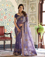 Royal Purple Fendy Satin Embroidered Saree with Floral Motifs & Zari Border | Designer Party Wear Saree with Tassels & Heavy Embroidered Blouse