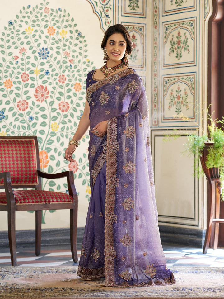 Royal Purple Fendy Satin Embroidered Saree with Floral Motifs & Zari Border | Designer Party Wear Saree with Tassels & Heavy Embroidered Blouse