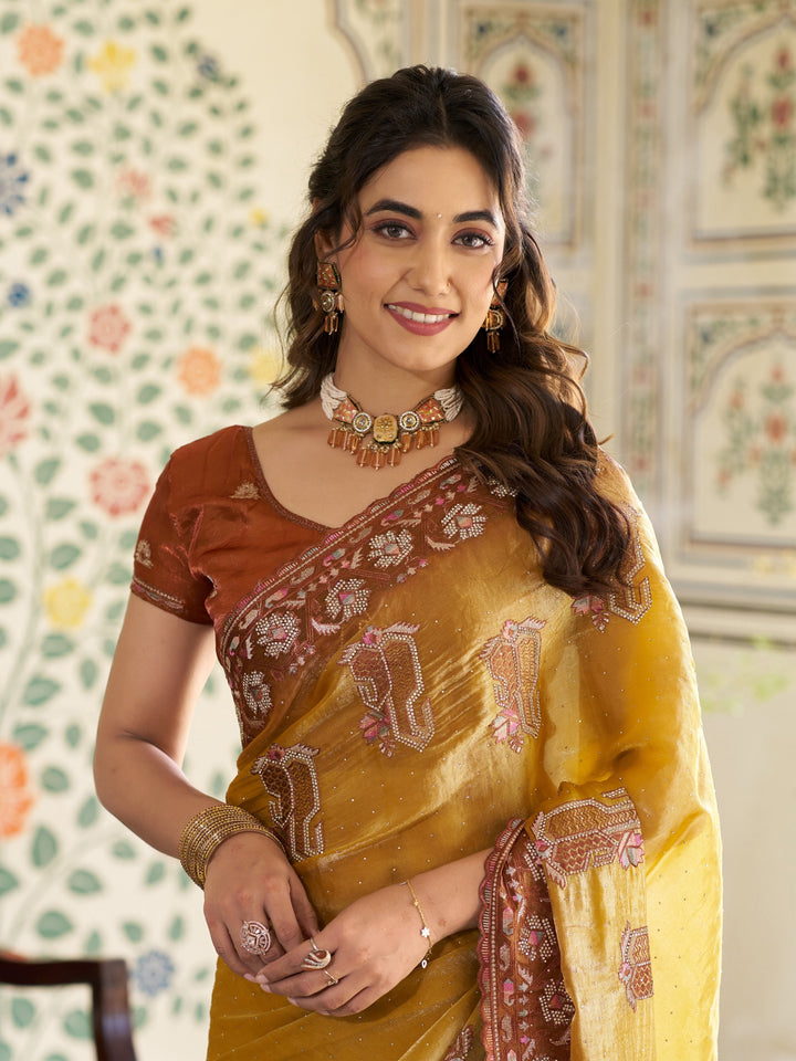Mustard Yellow Fendy Satin Embroidered Saree with Ethnic Elephant Motifs & Contrast Zari Border | Designer Saree with Tassels & Heavy Embroidered Blouse