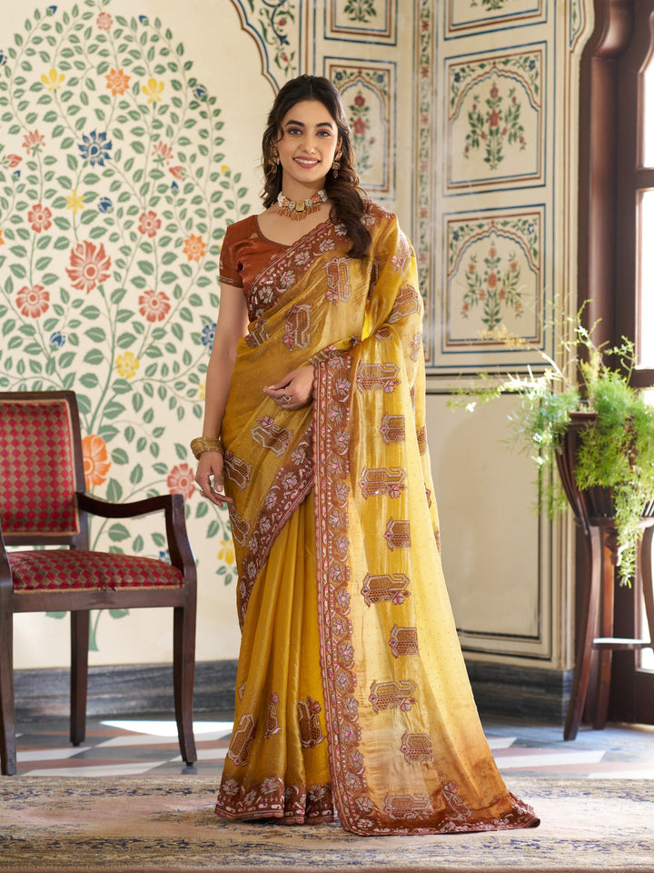 Mustard Yellow Fendy Satin Embroidered Saree with Ethnic Elephant Motifs & Contrast Zari Border | Designer Saree with Tassels & Heavy Embroidered Blouse