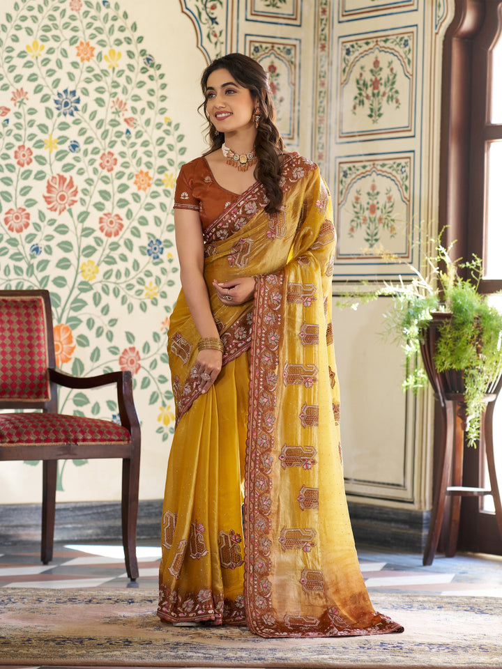 Mustard Yellow Fendy Satin Embroidered Saree with Ethnic Elephant Motifs & Contrast Zari Border | Designer Saree with Tassels & Heavy Embroidered Blouse