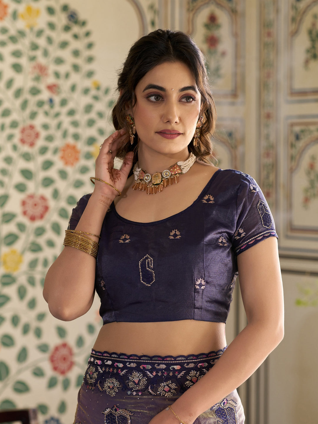 Lavender Purple Fendy Satin Embroidered Saree with Ethnic Elephant Motifs & Designer Zari Border | Festive Saree with Tassels & Heavy Embroidered Blouse