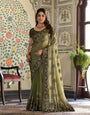 Olive Green Fendy Satin Embroidered Saree with Geometric & Floral Motifs | Designer Zari Border Saree with Tassels & Heavy Embroidered Blouse
