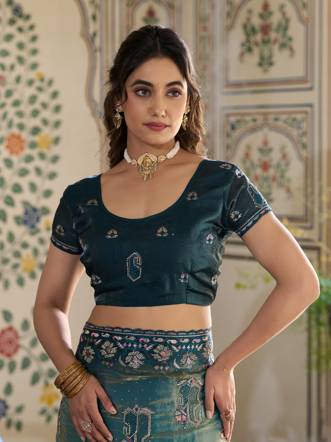 Teal Blue Fendy Satin Embroidered Saree with Ethnic Elephant Motifs & Zari Border | Designer Saree with Tassels & Heavy Embroidered Blouse