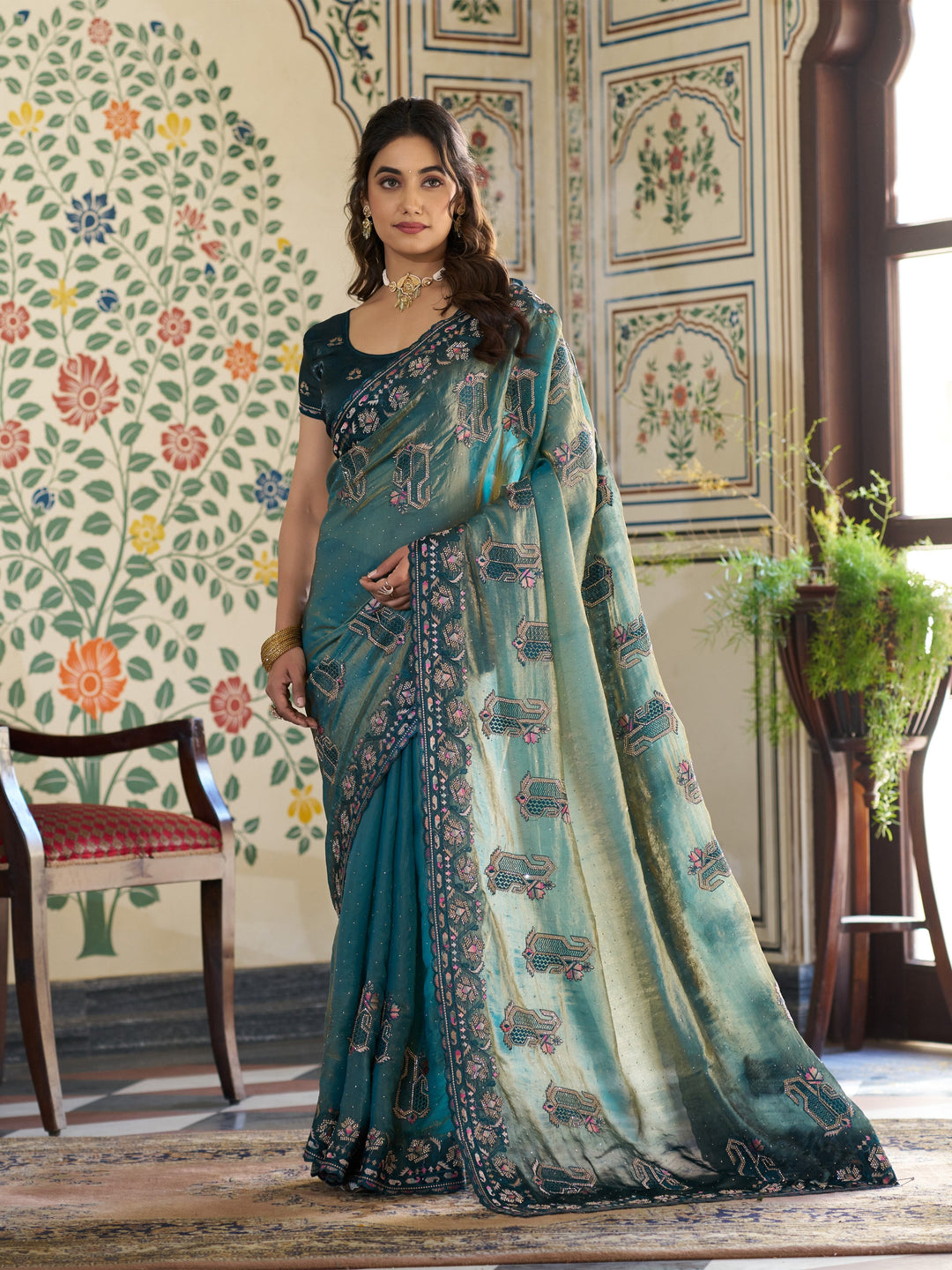 Teal Blue Fendy Satin Embroidered Saree with Ethnic Elephant Motifs & Zari Border | Designer Saree with Tassels & Heavy Embroidered Blouse